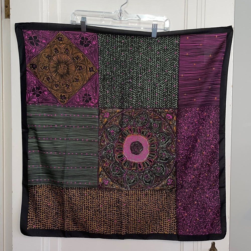 Vtg black, green, purple & gold large polyester square scarf